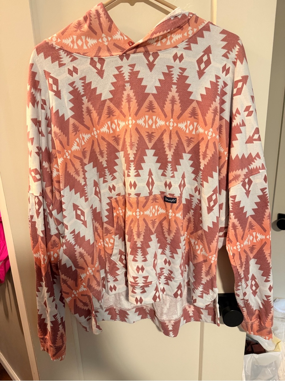 Wrangler Aztec Hooded Pullover Sweater - Peach & White